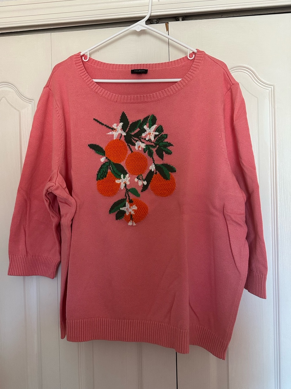 Talbots Coral Pink Crewneck Sweater with Orange Blossom Motif